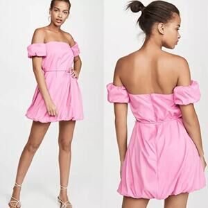 NWT Staud Ash Off Shoulder Gathered Shell Puff Sleeve Self-Tie Pink Mini Dress